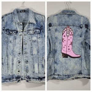 CRAZY CONSUELA sequin western boot distressed destroyed acid wash denim jacket